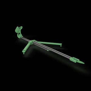 May include: A green metal tripod stand with two adjustable arms and a threaded rod. The stand is designed to hold a camera or other device.