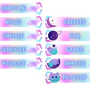 May include: A set of 10 Twitch stream panels featuring a cute cartoon cat in a space-themed design. The panels include text such as "About Me", "Rules", "Socials", "Schedule", "Wishlist", "Credits", "FAQ", "Games", "Donate", and "PC Setup".