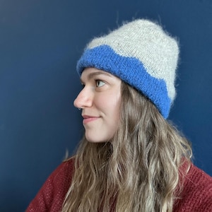 May include: A gray and blue knit beanie with a fuzzy texture. The beanie has a blue band around the bottom.