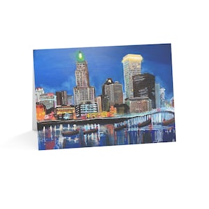 Biglietti di auguri artistici - Providence, Rhode Island Skyline, biglietti di auguri unici per tutte le occasioni, compleanno, ringraziamento, biglietti di auguri per le feste