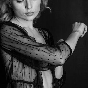 See through Clothing Top, Black Transparent Blouse, Sheer Polka Dots, Night Club Wear, Puff Sleeves