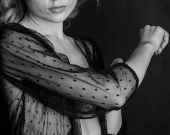See through Clothing Top, Black Transparent Blouse, Sheer Polka Dots, Night Club Wear, Puff Sleeves