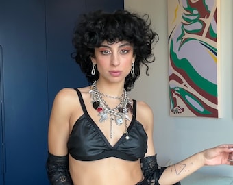 Sujetador de cuero, Top de festival, Cuero sintético, Bralette para fiesta rave, Top gótico punk, Sujetador de motociclista