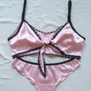 Pink Satin Lingerie Set, Pink Bralette, French Panty, Romantic Underwear