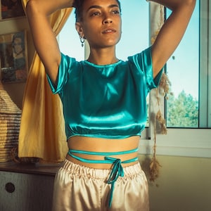Green satin crop top online