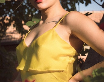 Yellow Crop Top, Sleeveless Ruffle Blouse, Camisole, Festival Wear