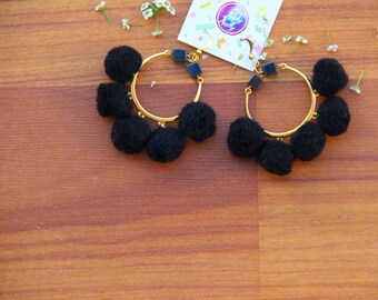 Gold Round Earrings with Black Pom Poms - FREE SHIPPING