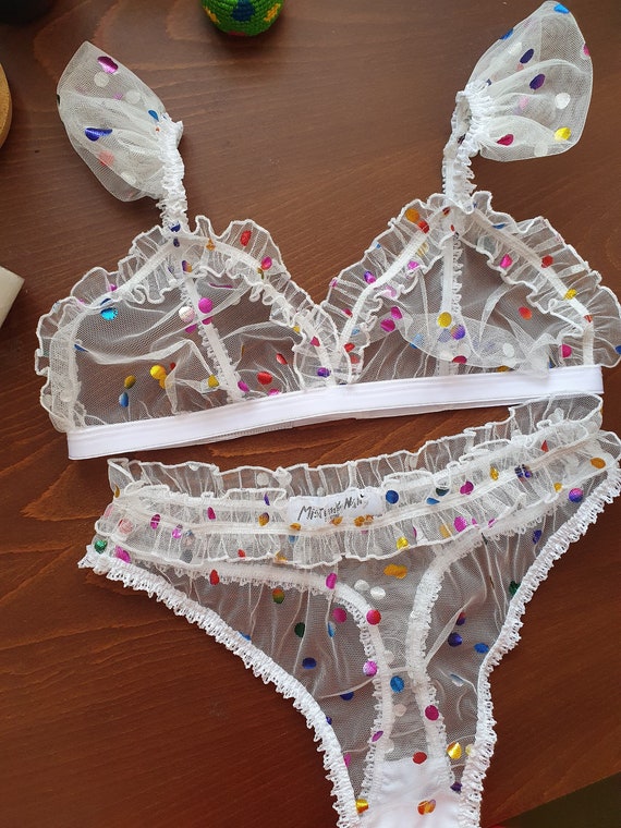 See Through Lingerie Set Transparent Ruffles Bralette Rainbow Polka Dots White  Sheer Panty Tulle Bra Mesh Panties Thong -  Canada