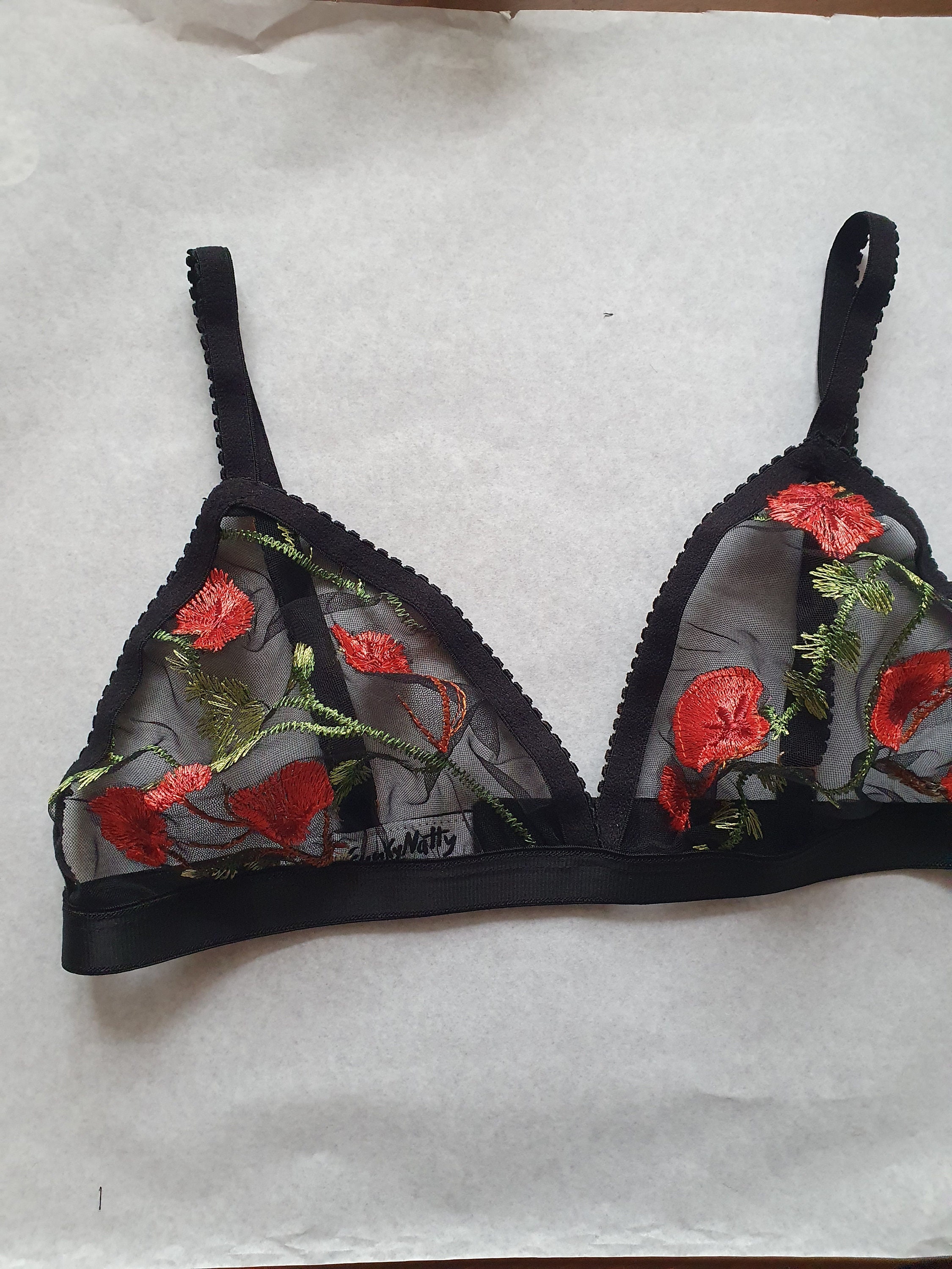 Transparent Mesh Bra, Sheer Lingerie, Floral Bralette, Embroidery Red  Flowers, Botanical See Through, Wireless Bra 