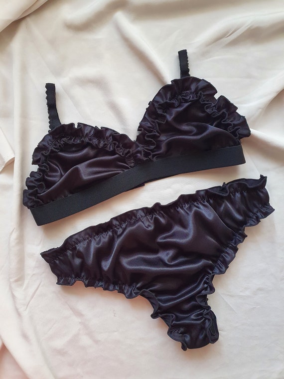 Sexy lace bralette silk satin French knicker set