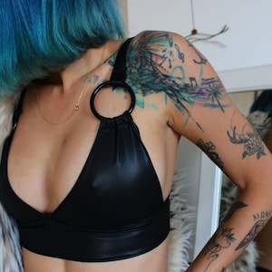 Gothic Bralette, Goth Bra Top, Leather Rave Top, Crop Top, Burning Man, 90s Y2K, Festival Faux Leather Bustier