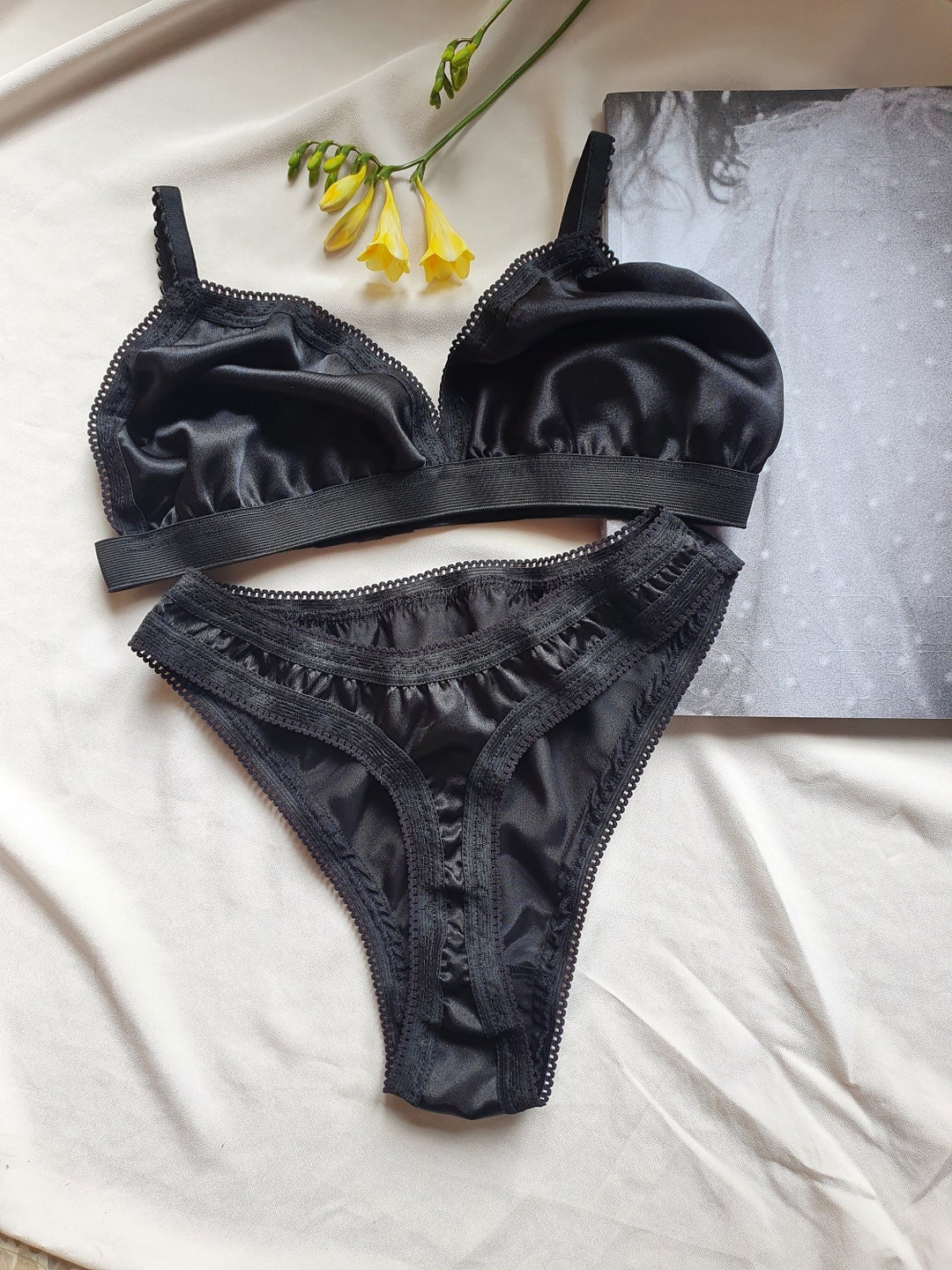 Black Lace Plunge Bralette and French Knicker Lingerie Set 