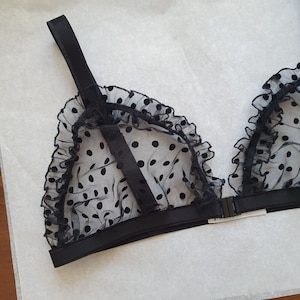 Transparent Mesh Bra, Polka Dot bralette, Front Closure Lingerie, Sheer Ruffle Underwear, See through Frilly Tulle