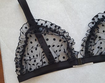 Transparent Mesh Bra, Polka Dot bralette, Front Closure Lingerie, Sheer Ruffle Underwear, See through Frilly Tulle