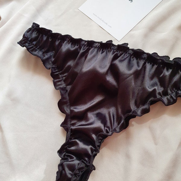 Satin Thong, Ruffle Panty Underwear, Frilly French Knickers, Vintage Lingerie, Silky Shirred
