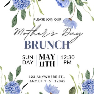 Invitación de brunch para el Día de la Madre: Puede ser una cena o un almuerzo, y plantillas de tarjetas de felicitación con flores azules, hermosas, personalizables y listas para usar.