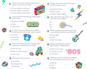 80s Trivia Birthday Party Game: Fun, Retro, Customizable, Printable (Digital Download)