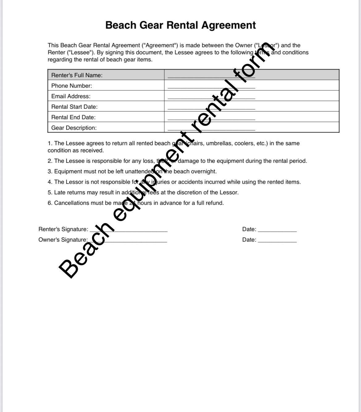 Beach Gear Rental Agreement PDF | Chair Umbrella Cooler Rental Contract ...
