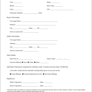 May include: A blank Idaho Motor Vehicle Bill of Sale form with fields for vehicle and buyer/seller information. Includes sections for odometer disclosure and signatures. The form is a template for private vehicle sales.
