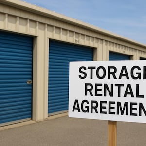 May include: A sign reading "STORAGE RENTAL AGREEMENT" stands in front of a row of blue storage unit doors. The doors have a corrugated texture and are set in a beige building. The sky is blue.