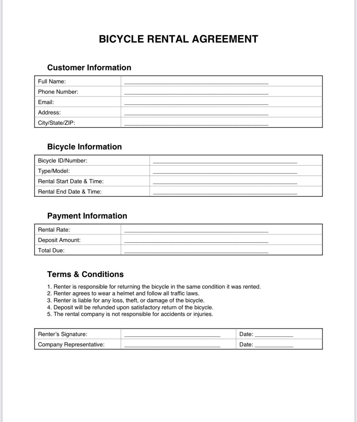 Bicycle Rental Agreement Form: Printable PDF Contract - Etsy