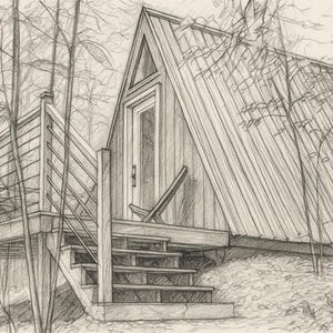 May include: A graphite pencil sketch of an A-frame cabin nestled among trees. The structure features a steep roof, a vertical door, and a wooden deck with a railing. A set of stairs leads up to the deck, and a single chair sits near the entrance.