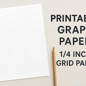 May include: A sheet of white graph paper with a 1/4 inch grid, next to a sharpened pencil. The text reads "PRINTABLE GRAPH PAPER 1/4 INCH GRID PAPER" in black, bold font. The paper is on a light beige background.