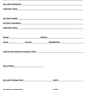 May include: A blank Motor Vehicle Bill of Sale form with fields for seller and buyer information, vehicle details, sale price, and signatures.