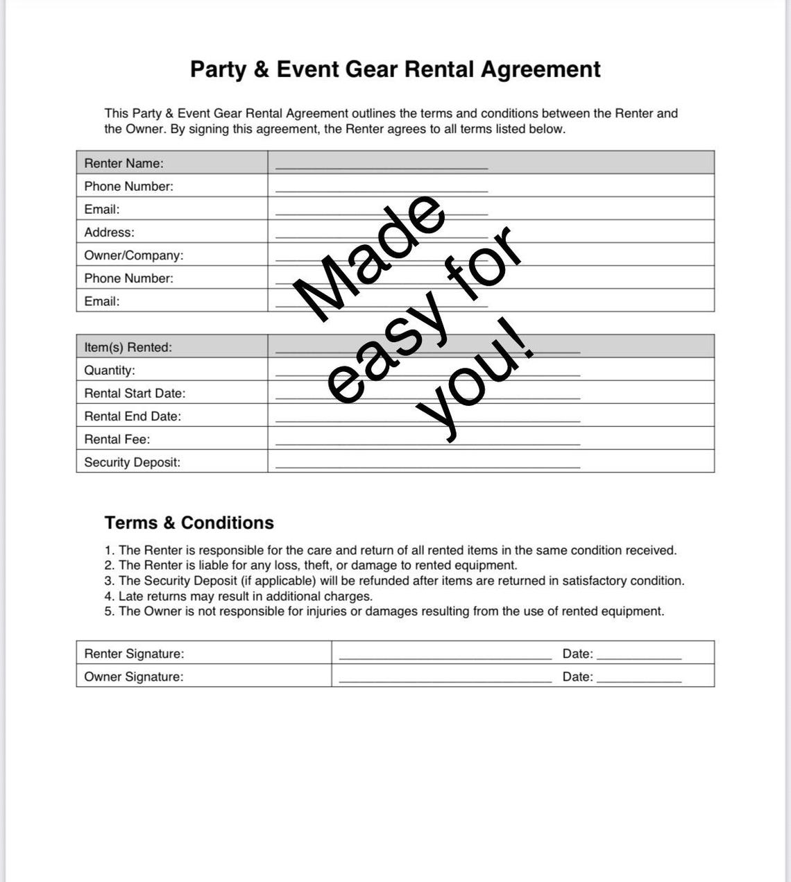 Party Rental Agreement PDF | Event Gear Contract | Printable Rental ...