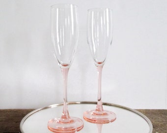 2 Champagne Flutes Pink Stems Stemware Glasses Luminarc France