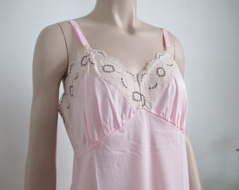 1970's Bubblegum Pink Slip Satin Finish Nylon with Ivory Lace NWT large