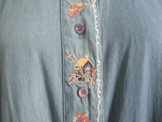 Dress Blue Chambray Denim Cotton Embroidered Bird… - image 3