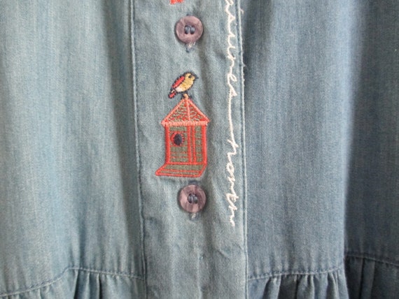 Dress Blue Chambray Denim Cotton Embroidered Bird… - image 5