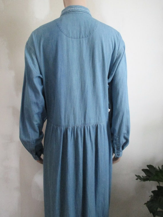 Dress Blue Chambray Denim Cotton Embroidered Bird… - image 6