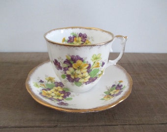 Tea Cup and Saucer Yellow Purple Violets Spring made in England