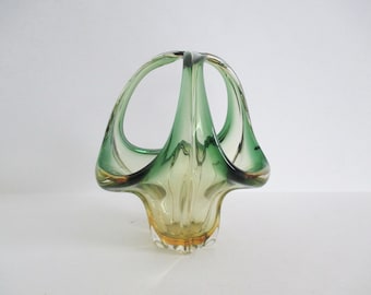 Art Glass Stretch Basket 3 Handles Amber Yellow Green