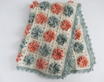 Vintage hand Crocheted Granny Squares Afghan Lap Crib Blanket Acrylic Vegan Baby Gift Sage Green Melon 36 x 40