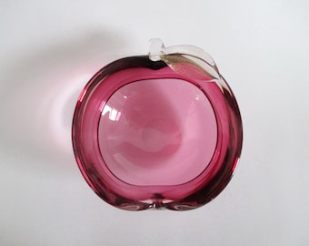 Murano Alfredo Barbini Raspberry Pink Red Art Glass Apple Shaped Bowl Ashtray Italy