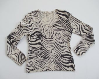 Cashmere Pullover Sweater Zebra Print Scooped Neck Fitted Waist Size L