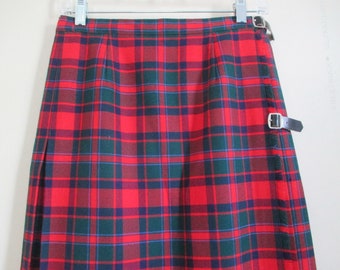 Wool Kilt Red Tartan Plaid Waist 28" Leather Tabs Buckles Made in Scotland Kilt Pin Included