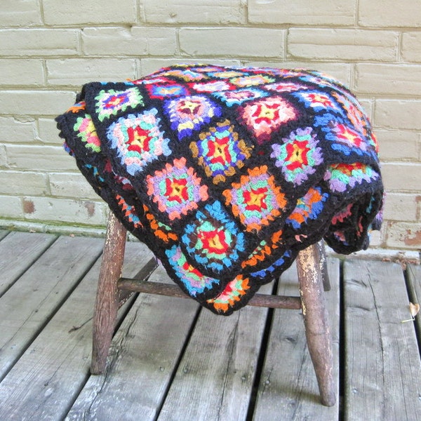 RESERVED Crocheted Bedspread Granny Squares on Black Vintage