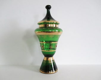 Green Glass Apothecary Jar Circus Tent Lid Gold Gilt Red Jewels 13.5" Tall Mid Century Modern