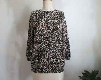Cashmere Pullover Sweater Leopard Pattern 3/4 Sleeves Size XL