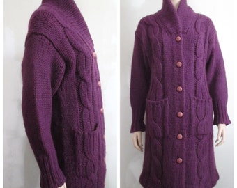 Wool Cable Knit Cardigan Sweater Below the Knee Length Pockets Shawl Collar Size M