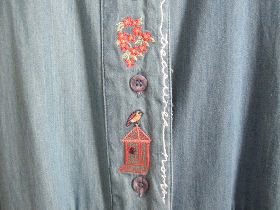 Dress Blue Chambray Denim Cotton Embroidered Bird… - image 4