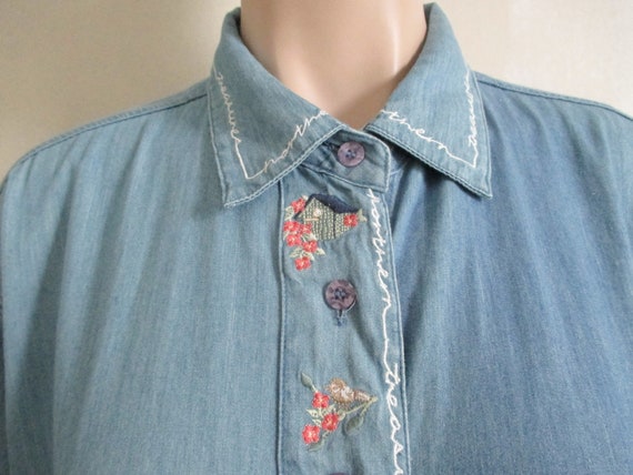 Dress Blue Chambray Denim Cotton Embroidered Bird… - image 2