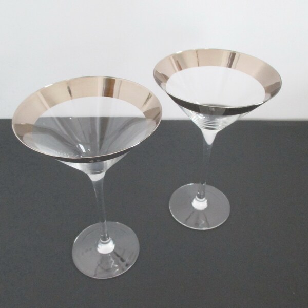 Pair Martini Glasses Dorothy Thorpe Style Silver Band Almost 8" Tall