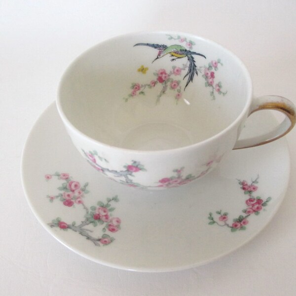 Haviland Limoges France Tea Cup & Saucer Bird Butterfly Pink Flowers