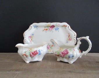 Cream & Sugar on Rectangle Tray Porcelain Floral Made in Occupied Japan