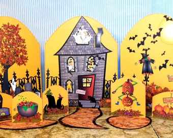 Printie Halloween Playset for Hitty, Bleuette, even 18" American Girl Dolls, Pumpkins Witches Scarecrows Bats Haunted House